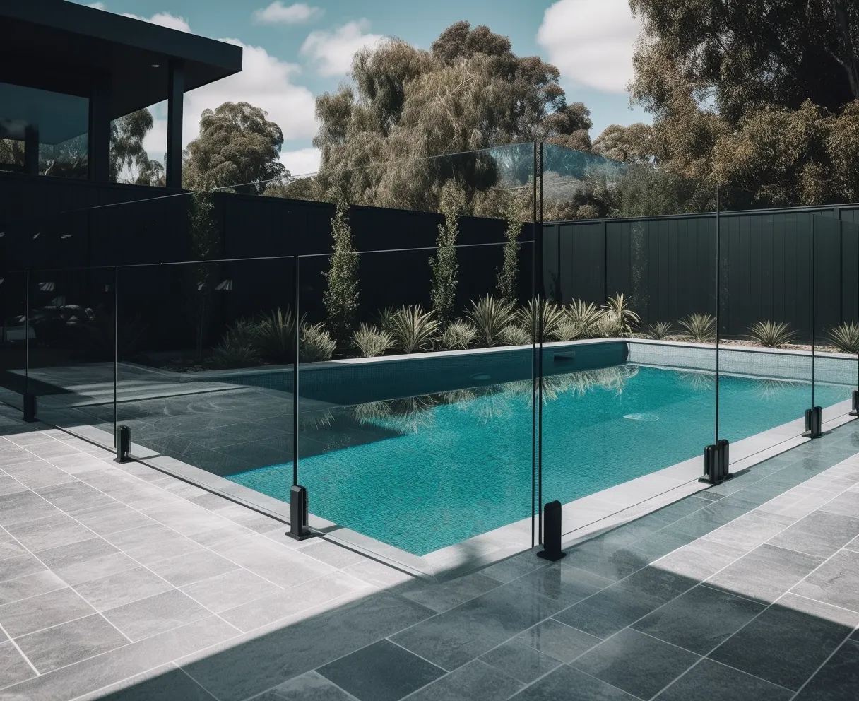 Small backyard pool with glass fence
